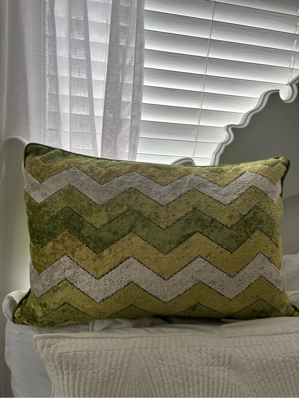 Chevron Velvet Throw Pillow in Olive and Sage